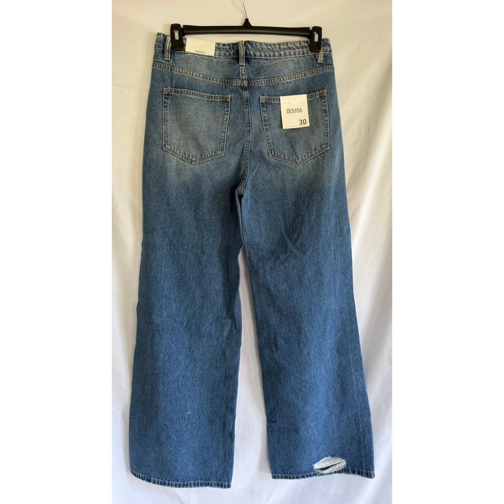 Zenana Distressed Wide Leg Jeans Medium Wash High Rise Ripped Cotton Size 30 - Picture 2 of 6